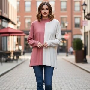 Candace Cameron Bure Sweater Womens Sz L Mock Neck Peach Cream Colorblock Preppy